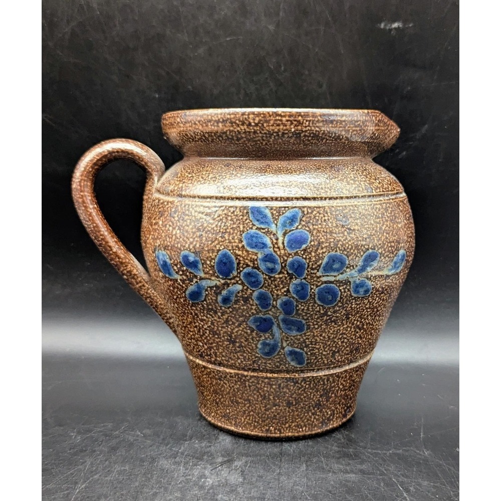 Vintage Vermont Salt Glaze Cobalt Decorated Handled Stoneware Pitcher 7.5"